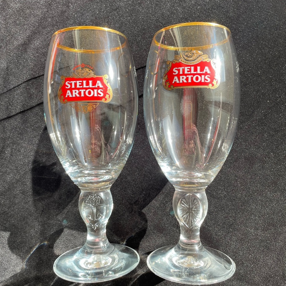 Set of 2 Stella Artois Glass Beer Chalices with Gold Rim